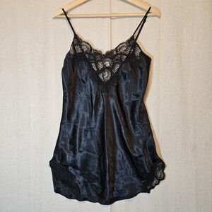 Victoria's Secret Gold Label 90s Black Satin Nightie Slip Chemise Sexy Small